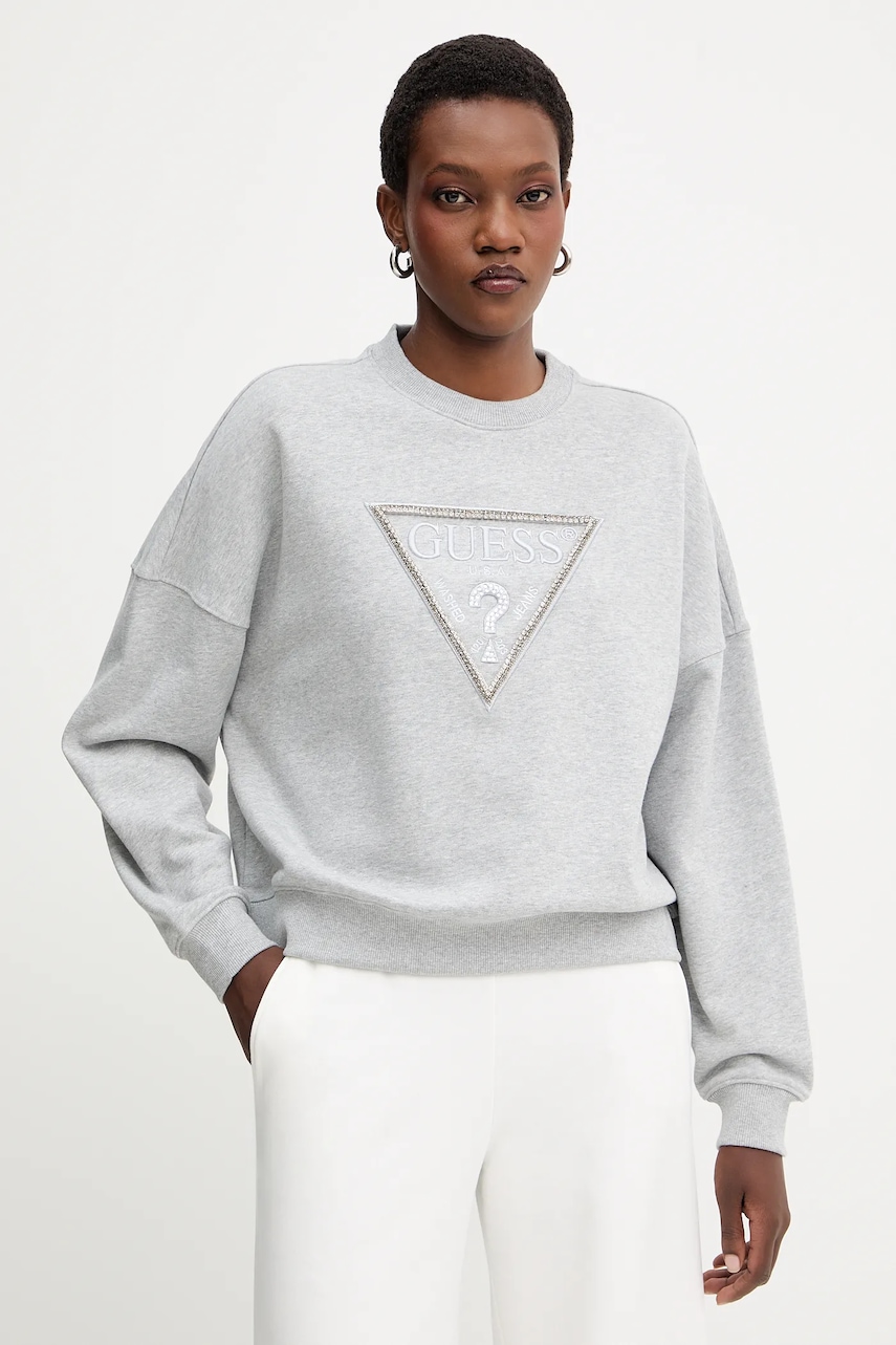 Bavlněná mikina Guess RACHELE dámská, šedá barva, s aplikací, W5YQ04 KC8I0