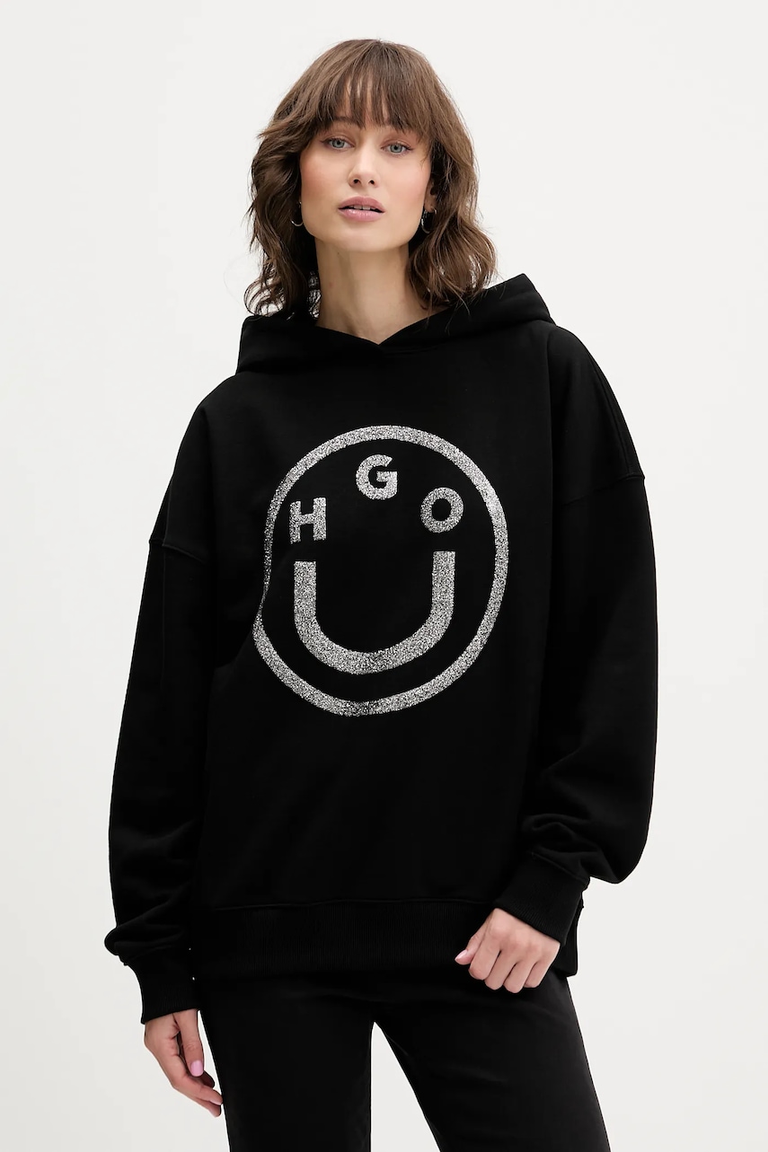 Bavlněná mikina Hugo Blue Dolasa_B_2 dámská, černá barva, s kapucí, s potiskem, 50550709