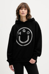 Bavlněná mikina Hugo Blue Dolasa_B_2 dámská, černá barva, s kapucí, s potiskem, 50550709