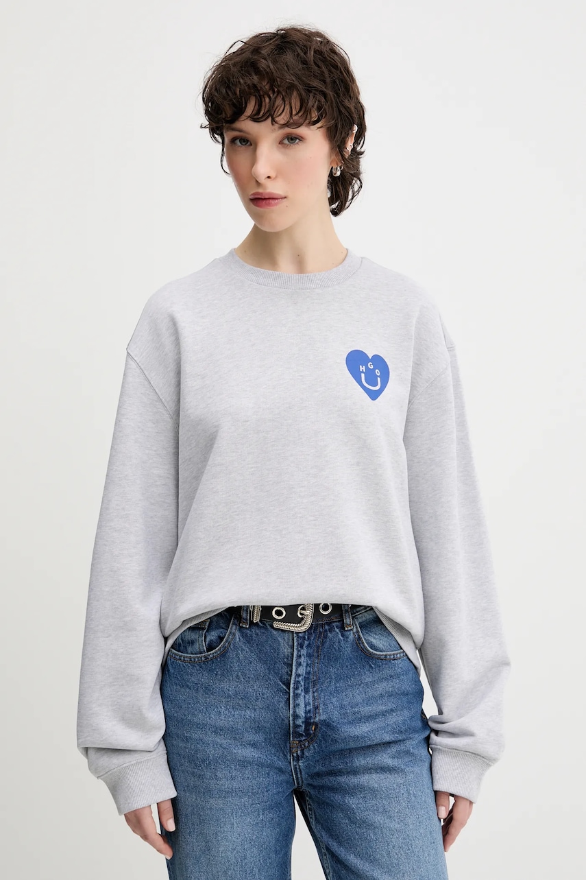 Bavlněná mikina Hugo Blue Oversized Crew_B_3 dámská, šedá barva, s potiskem, 50545052