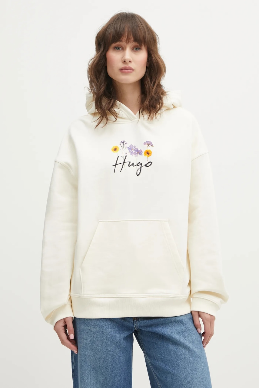 Bavlněná mikina HUGO Dalessandra_2 dámská, béžová barva, s kapucí, s potiskem, 50555814