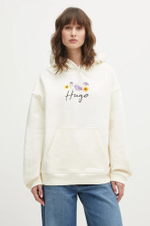 Bavlněná mikina HUGO Dalessandra_2 dámská, béžová barva, s kapucí, s potiskem, 50555814