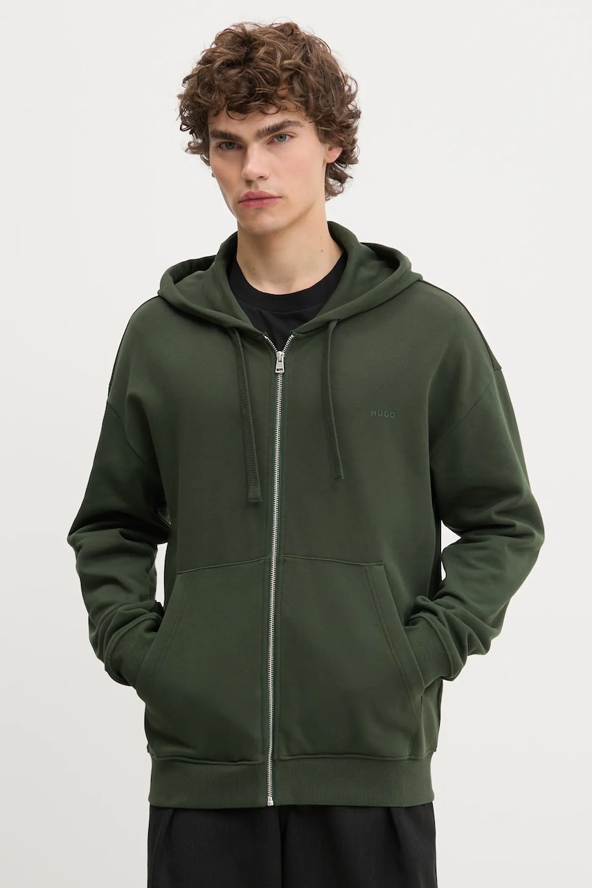 Bavlněná mikina HUGO Dapozip pánská, zelená barva, s kapucí, s potiskem, 50548651