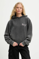 Bavlněná mikina HUGO Deboxina dámská, šedá barva, s kapucí, s potiskem, 50544870