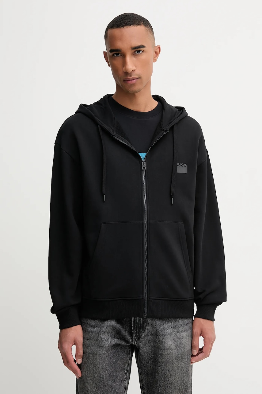 Bavlněná mikina HUGO Delastomer pánská, černá barva, s kapucí, s potiskem, 50546874