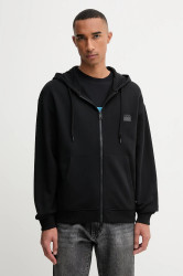 Bavlněná mikina HUGO Delastomer pánská, černá barva, s kapucí, s potiskem, 50546874