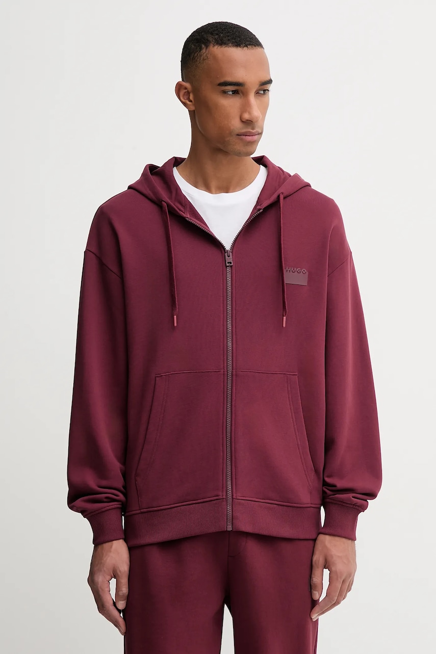 Bavlněná mikina HUGO Delastomer pánská, vínová barva, s kapucí, s potiskem, 50546874