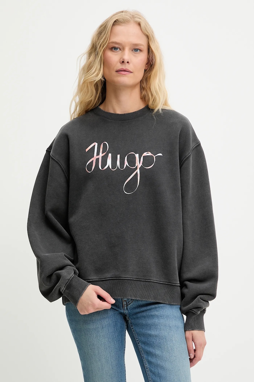 Bavlněná mikina HUGO Deroxina_4 dámská, šedá barva, s potiskem, 50545198
