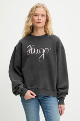 Bavlněná mikina HUGO Deroxina_4 dámská, šedá barva, s potiskem, 50545198