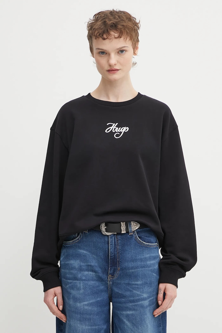 Bavlněná mikina HUGO Deroxina_6 dámská, černá barva, s potiskem, 50550149