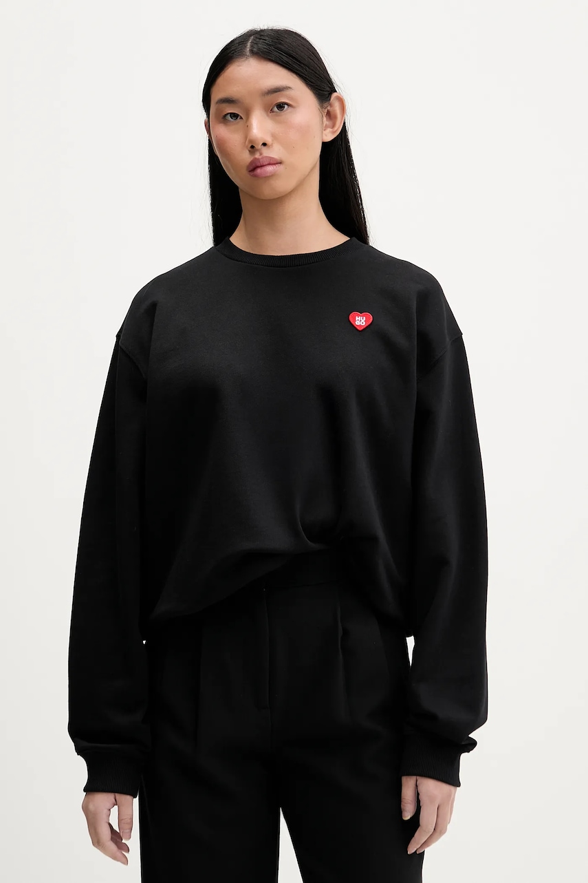 Bavlněná mikina HUGO Deroxina_7 dámská, černá barva, hladká, 50555808