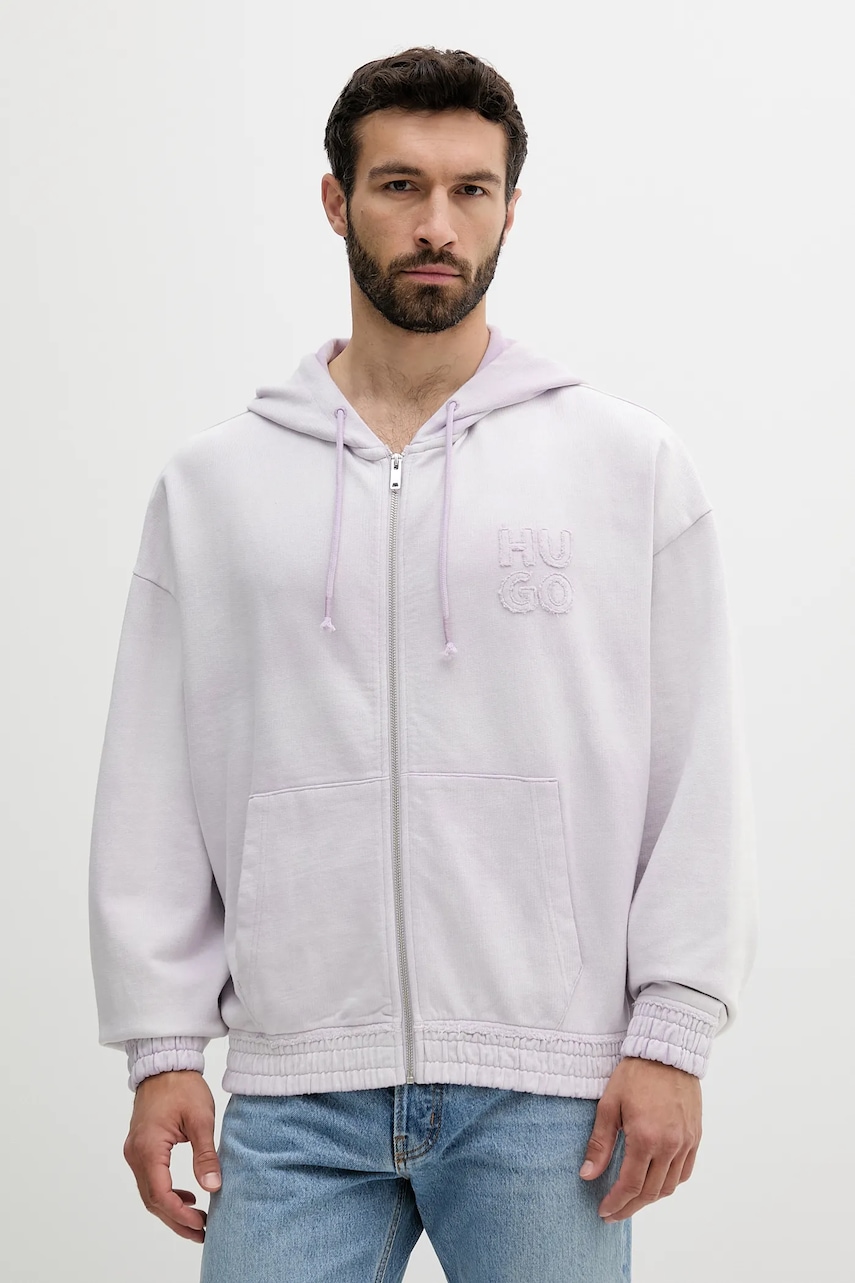 Bavlněná mikina HUGO pánská, fialová barva, s kapucí, hladká, 50535312