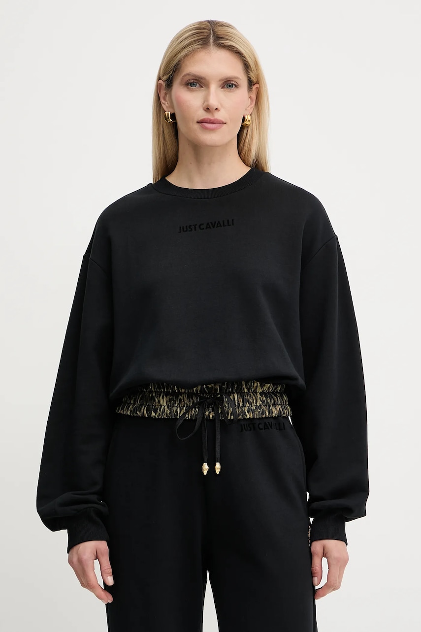 Bavlněná mikina Just Cavalli dámská, černá barva, hladká, 79PAIE20 CF100