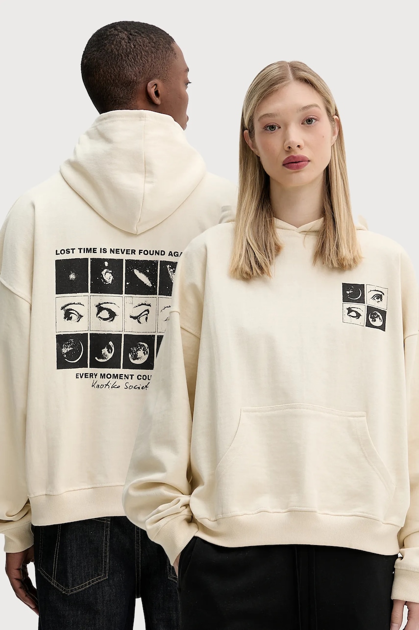 Bavlněná mikina Kaotiko béžová barva, s kapucí, s potiskem, AQ087-01-G002