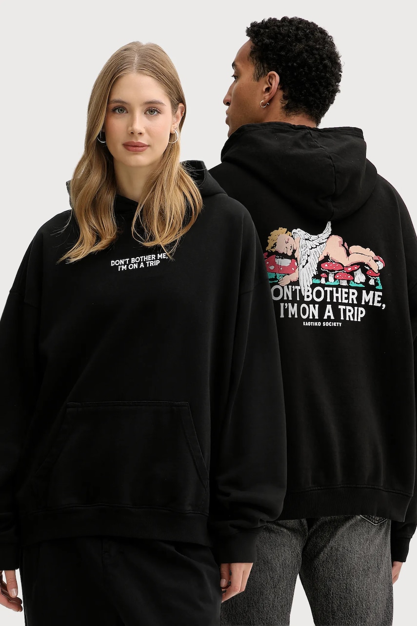 Bavlněná mikina Kaotiko černá barva, s kapucí, s potiskem, AR001-02-G002