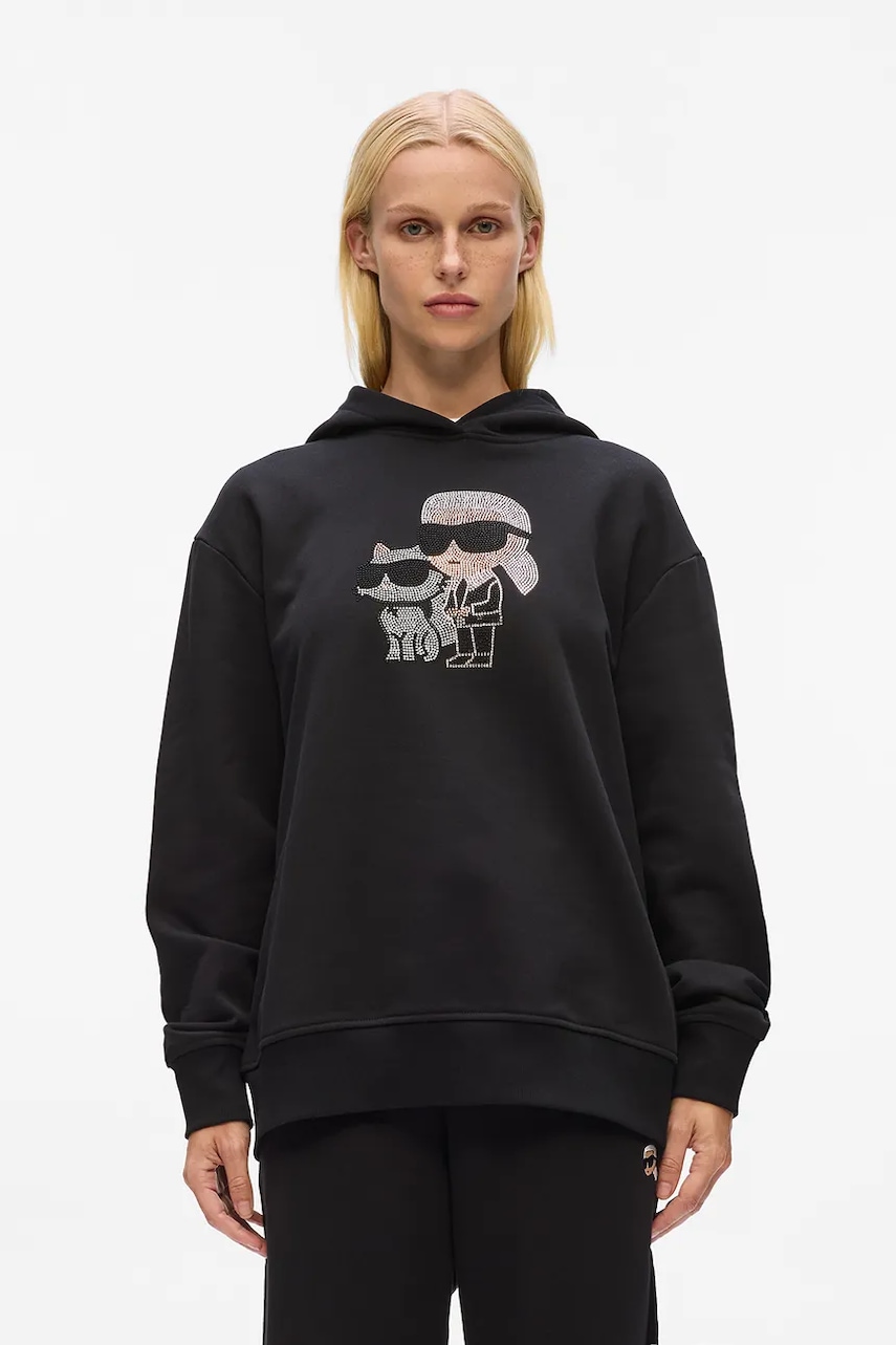 Bavlněná mikina Karl Lagerfeld IKON dámská, černá barva, s kapucí, s aplikací, A4W20070