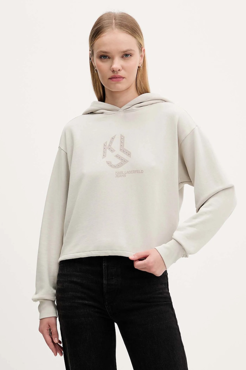 Bavlněná mikina Karl Lagerfeld Jeans dámská, béžová barva, s kapucí, s potiskem, A4W20004