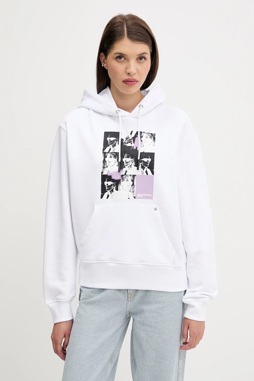 Bavlněná mikina Karl Lagerfeld Jeans dámská, bílá barva, s kapucí, s potiskem, A3W20042
