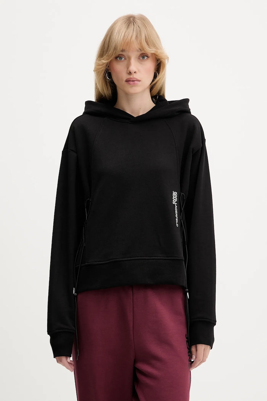 Bavlněná mikina Karl Lagerfeld Jeans dámská, černá barva, s kapucí, s potiskem, A4W20005