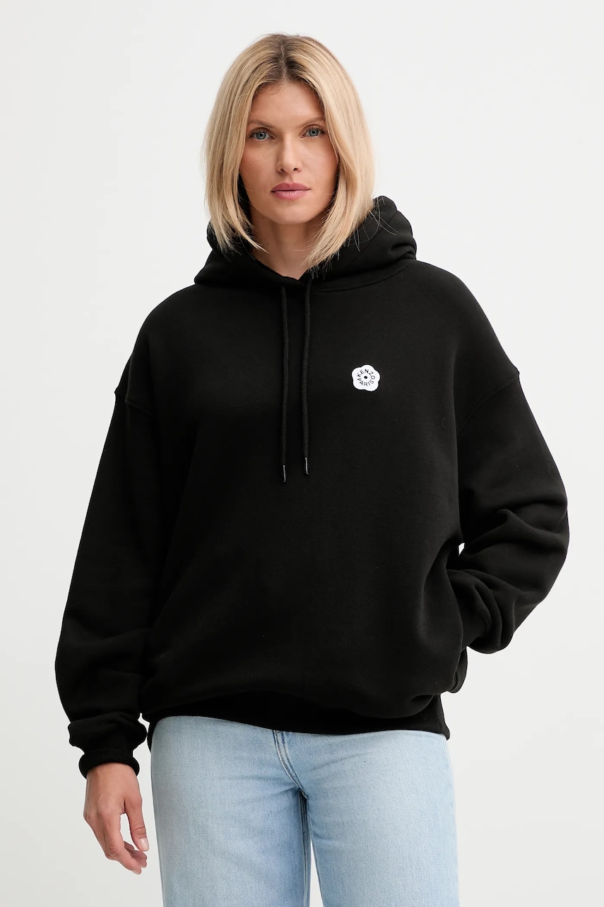 Bavlněná mikina Kenzo dámská, černá barva, s kapucí, s aplikací, FF62HO4534MB