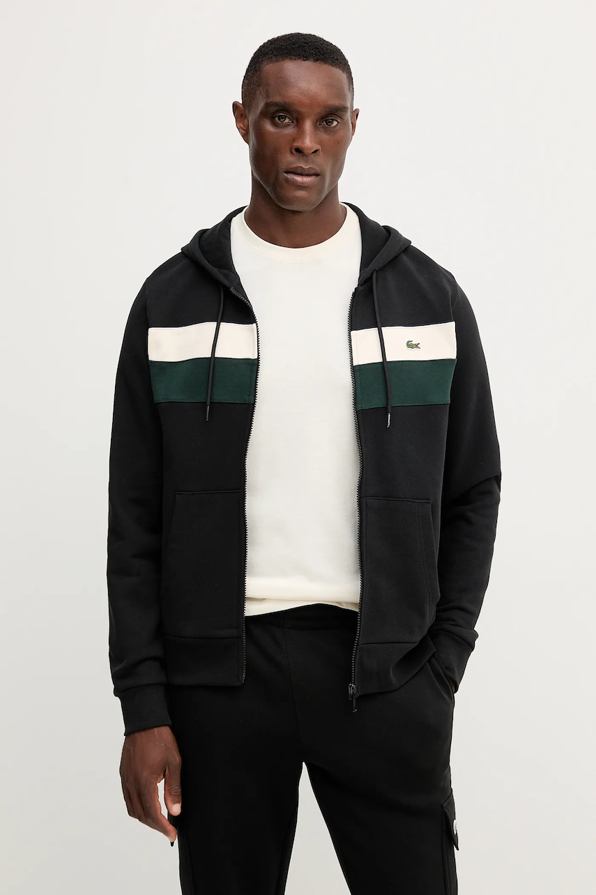 Bavlněná mikina Lacoste pánská, černá barva, s kapucí, vzorovaná, SH5913