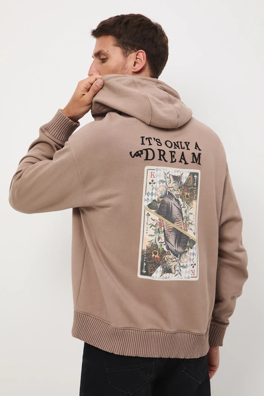 Bavlněná mikina Medicine pánská, hnědá barva, s kapucí, vzorovaná