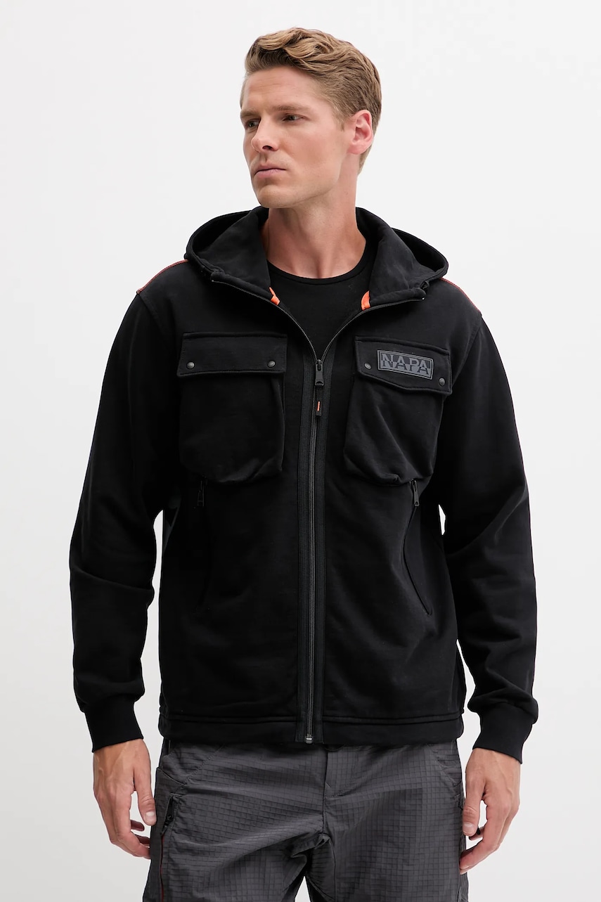 Bavlněná mikina Napapijri B-Rivalto pánská, černá barva, s kapucí, s potiskem, NP0A4ICG9411