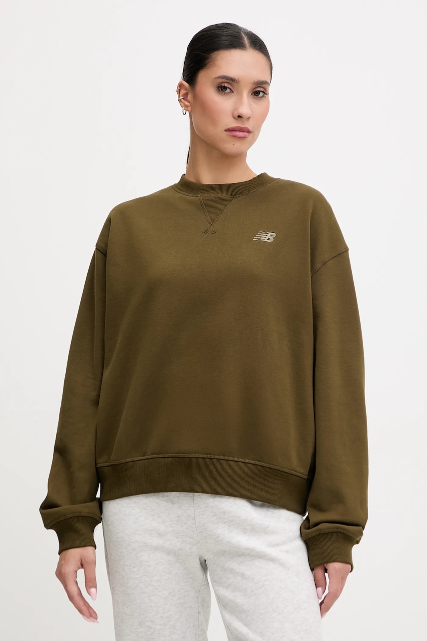 Bavlněná mikina New Balance dámská, zelená barva, hladká, WT41500WDL