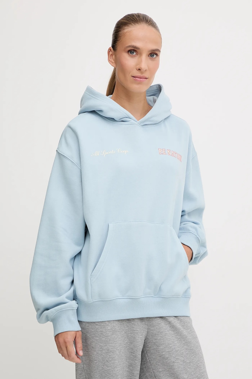 Bavlněná mikina P.E Nation Surge dámská, modrá barva, s kapucí, s potiskem, 253H116