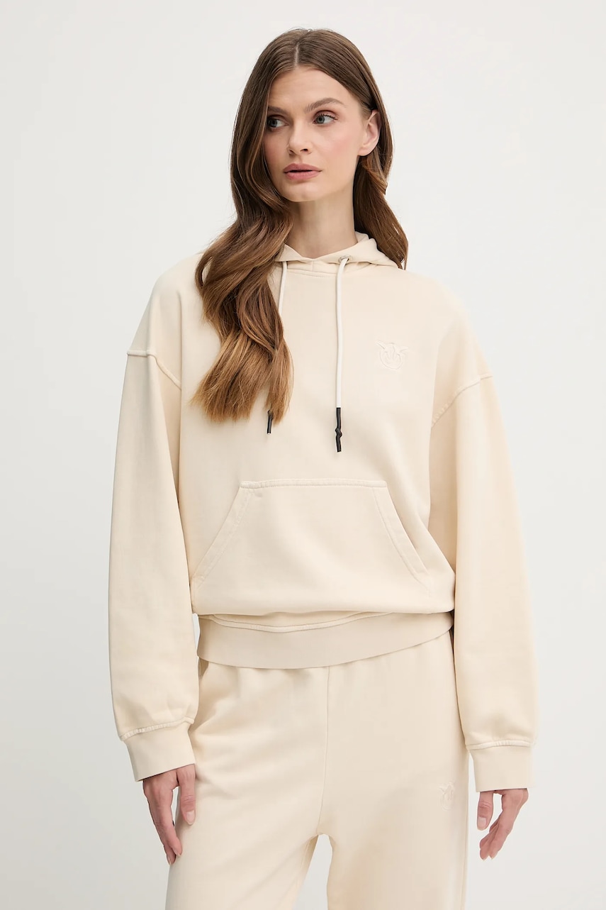 Bavlněná mikina Pinko dámská, béžová barva, s kapucí, hladká, 105507 A2RB