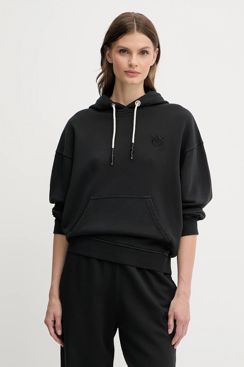 Bavlněná mikina Pinko dámská, černá barva, s kapucí, hladká, 105507 A2RB