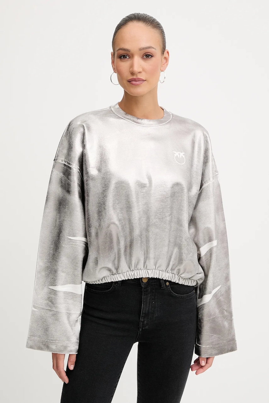 Bavlněná mikina Pinko dámská, stříbrná barva, s potiskem, 105756 A2V1