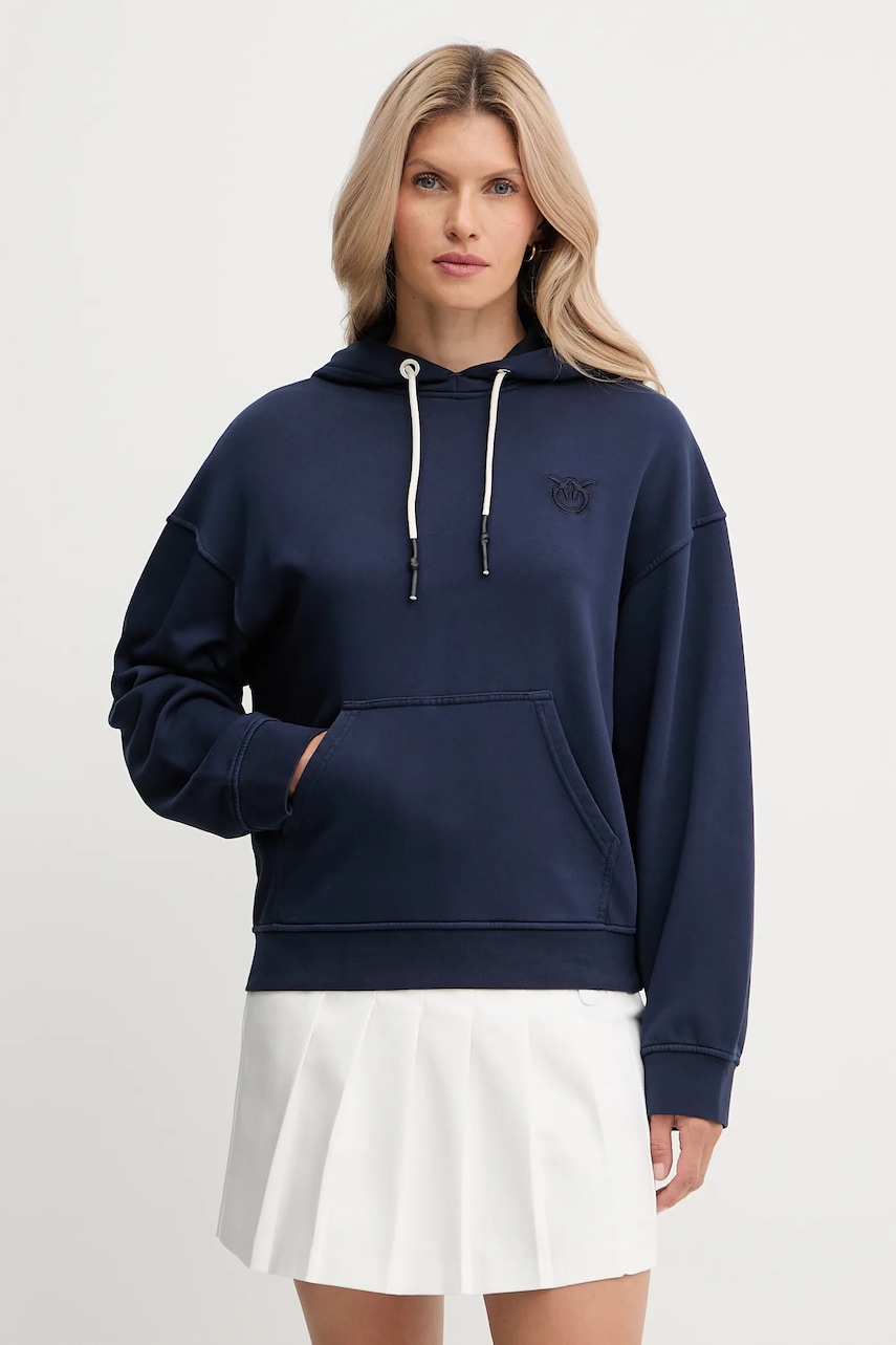 Bavlněná mikina Pinko dámská, tmavomodrá barva, s kapucí, hladká, 105507 A2RB