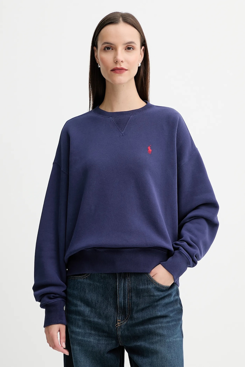 Bavlněná mikina Polo Ralph Lauren dámská, tmavomodrá barva, hladká, 211972697
