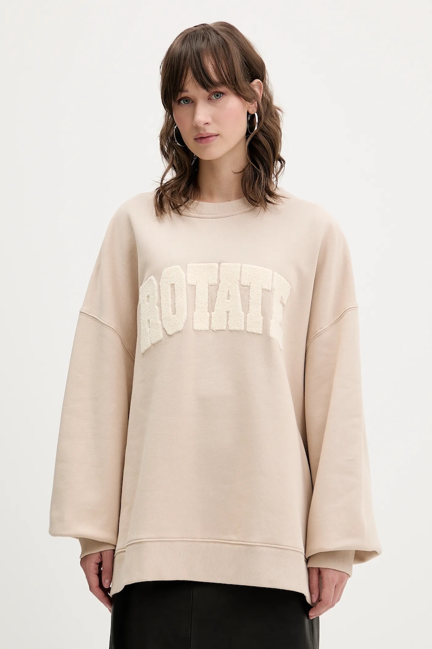 Bavlněná mikina Rotate dámská, béžová barva, s aplikací, 115316532