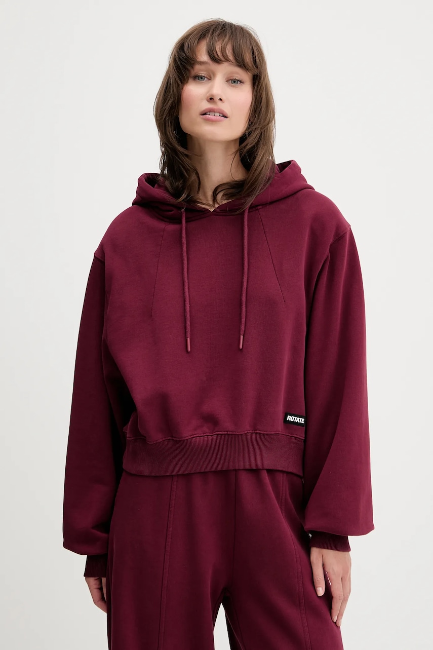 Bavlněná mikina Rotate dámská, vínová barva, s kapucí, hladká, 1143872734