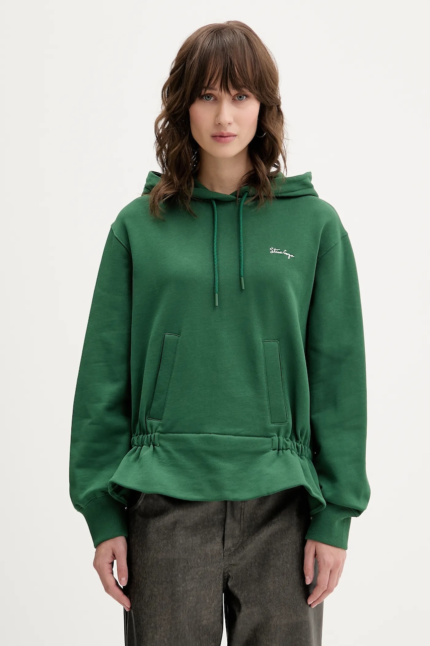 Bavlněná mikina Stine Goya dámská, zelená barva, s kapucí, hladká, SG-AW25-T085-2430