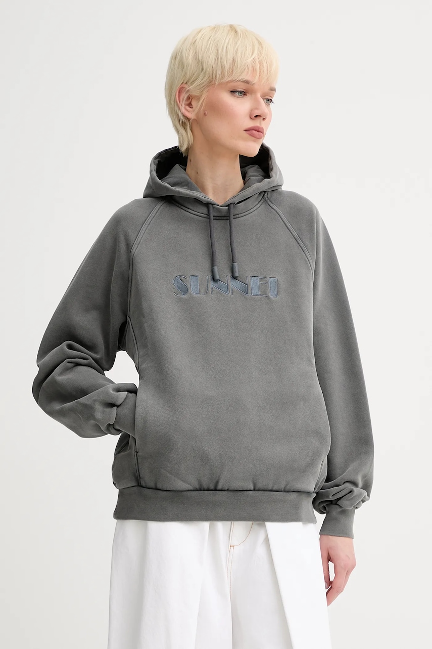 Bavlněná mikina Sunnei dámská, šedá barva, s kapucí, s aplikací, RTWXJER031