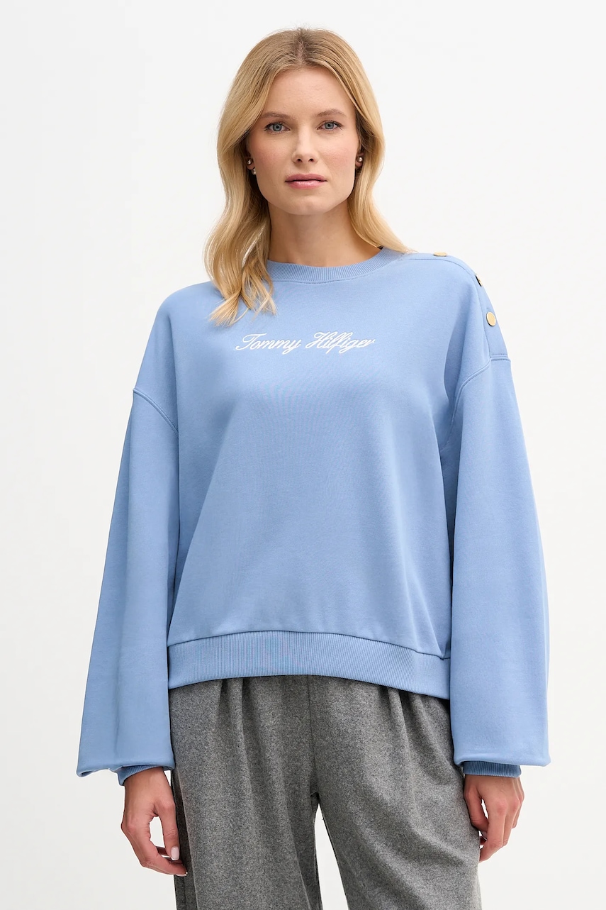 Bavlněná mikina Tommy Hilfiger dámská, modrá barva, s potiskem, WW0WW48783