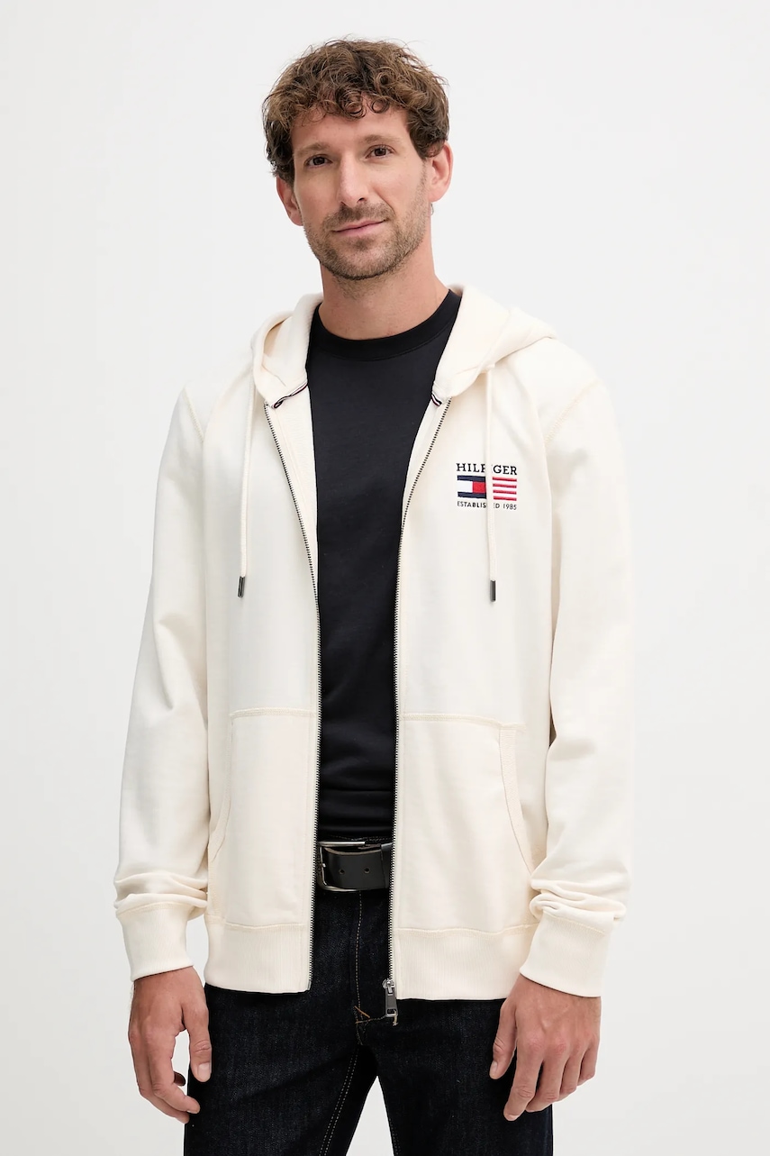 Bavlněná mikina Tommy Hilfiger pánská, béžová barva, s kapucí, hladká, MW0MW39691