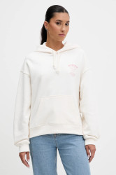 Bavlněná mikina Tommy Jeans dámská, béžová barva, s kapucí, s potiskem, DW0DW21785