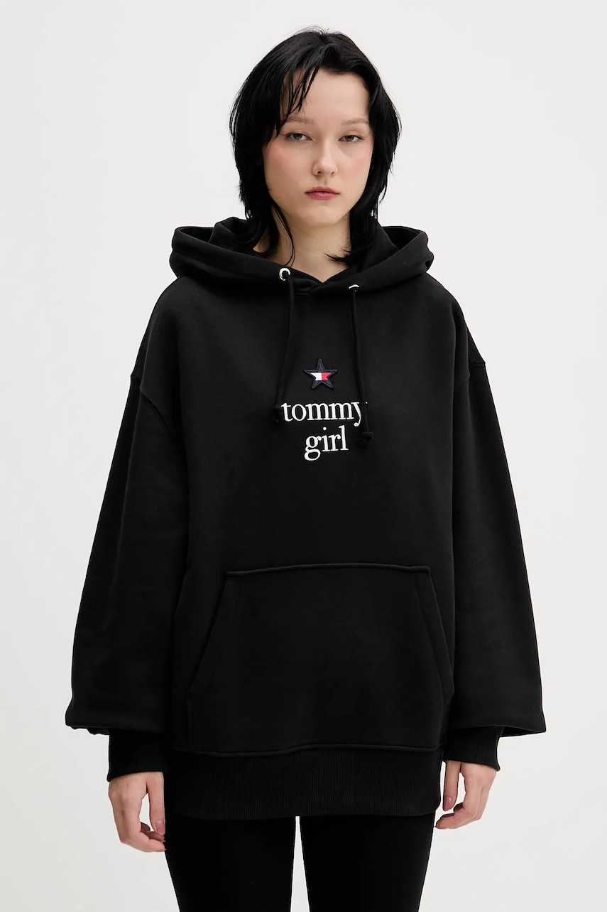 Bavlněná mikina Tommy Jeans dámská, černá barva, s kapucí, s aplikací, DN0DN00099