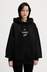 Bavlněná mikina Tommy Jeans dámská, černá barva, s kapucí, s aplikací, DN0DN00099