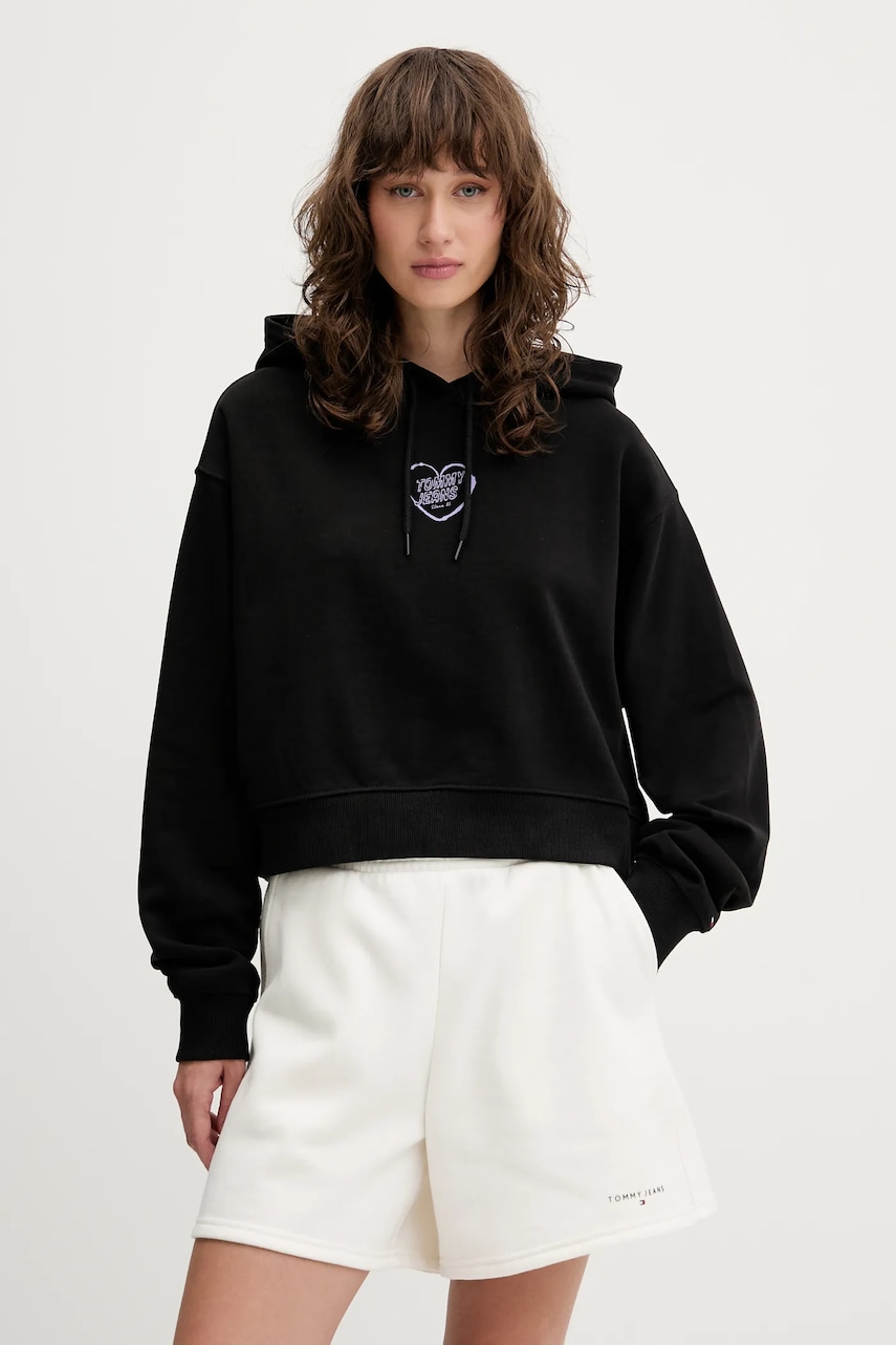 Bavlněná mikina Tommy Jeans dámská, černá barva, s kapucí, s potiskem, DW0DW21408