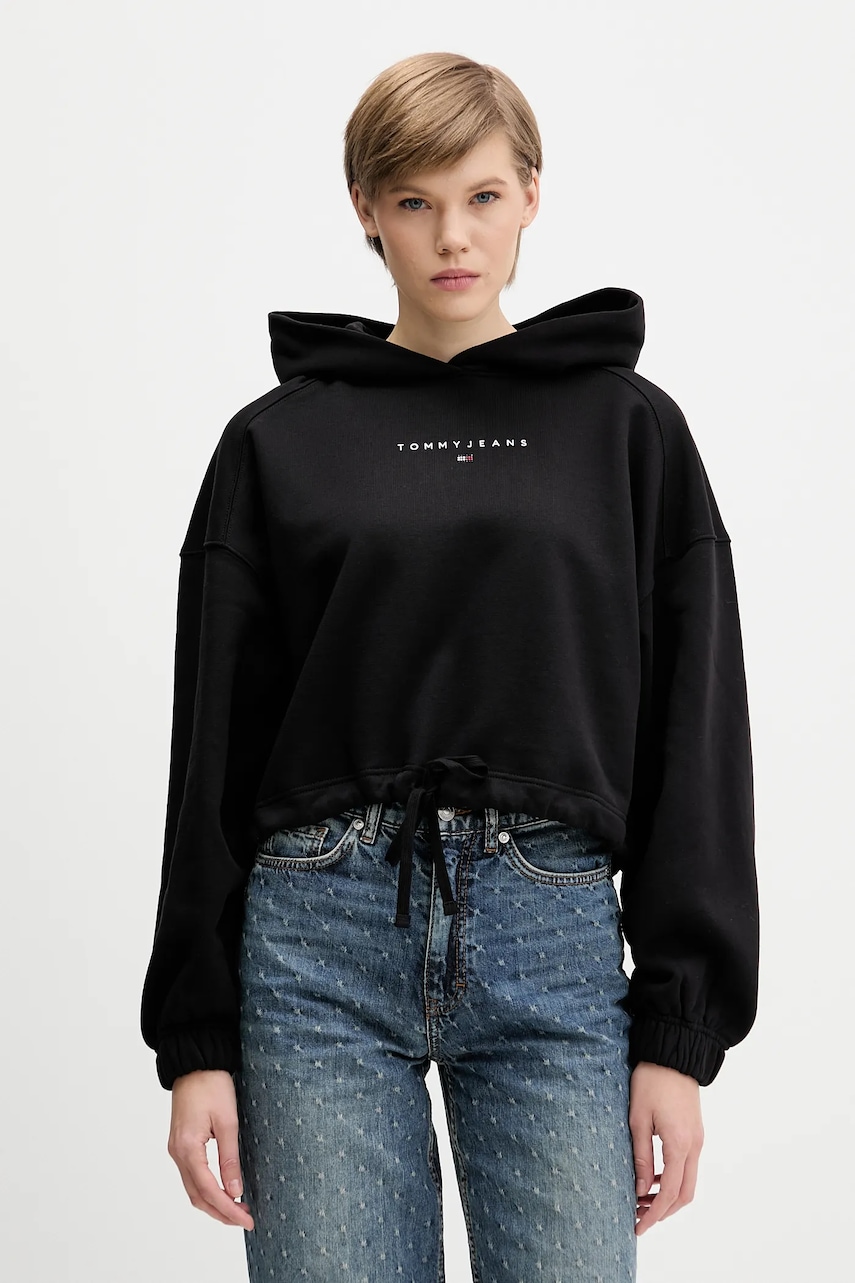 Bavlněná mikina Tommy Jeans dámská, černá barva, s kapucí, s potiskem, DW0DW21607