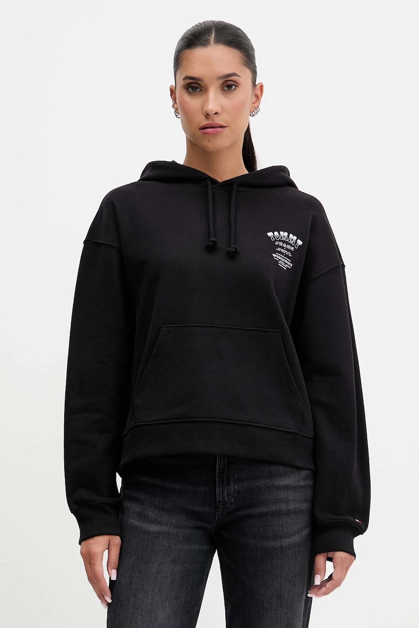 Bavlněná mikina Tommy Jeans dámská, černá barva, s kapucí, s potiskem, DW0DW21785