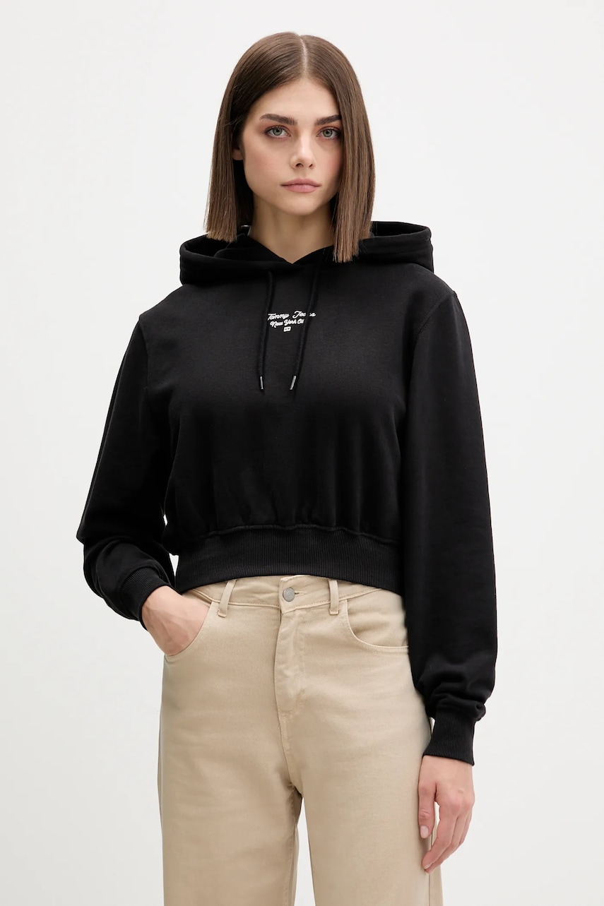 Bavlněná mikina Tommy Jeans dámská, černá barva, s kapucí, s potiskem, DW0DW22170
