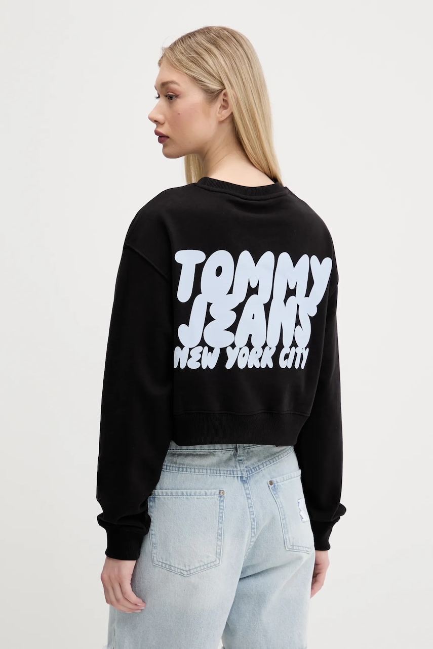 Bavlněná mikina Tommy Jeans dámská, černá barva, s potiskem, DW0DW21345