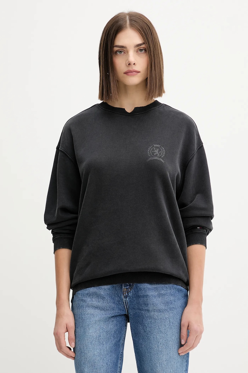 Bavlněná mikina Tommy Jeans dámská, černá barva, s potiskem, DW0DW21586