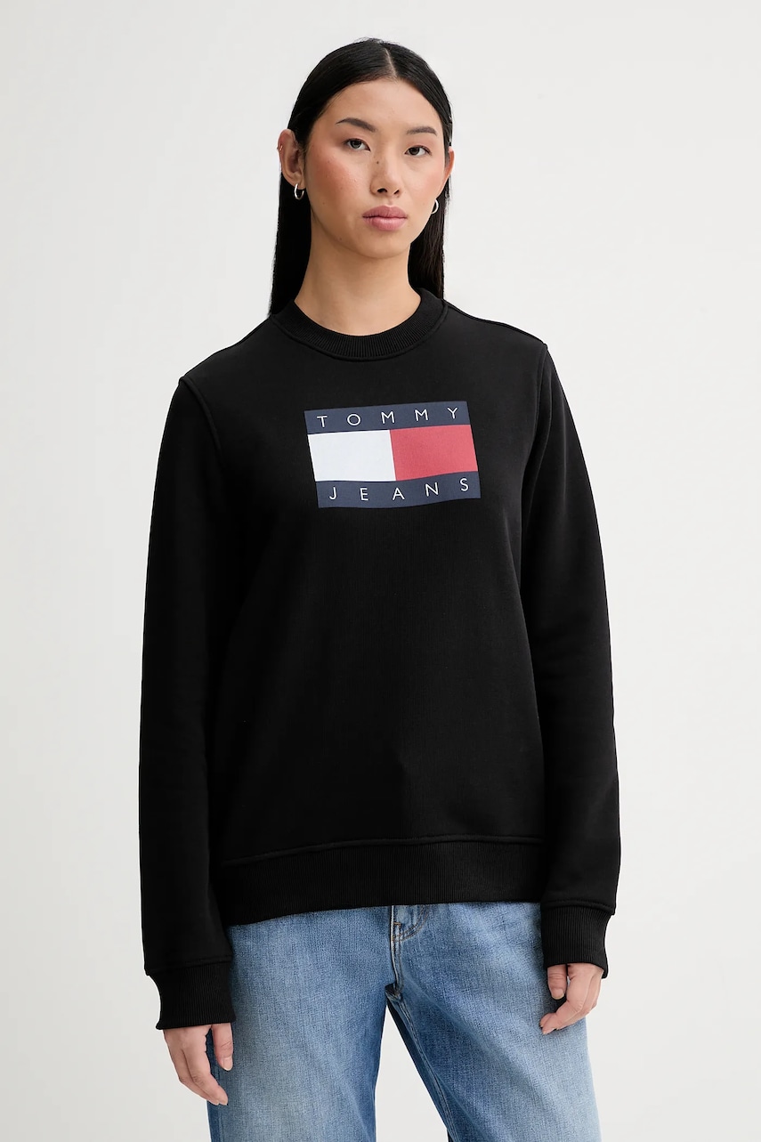 Bavlněná mikina Tommy Jeans dámská, černá barva, s potiskem, DW0DW22564